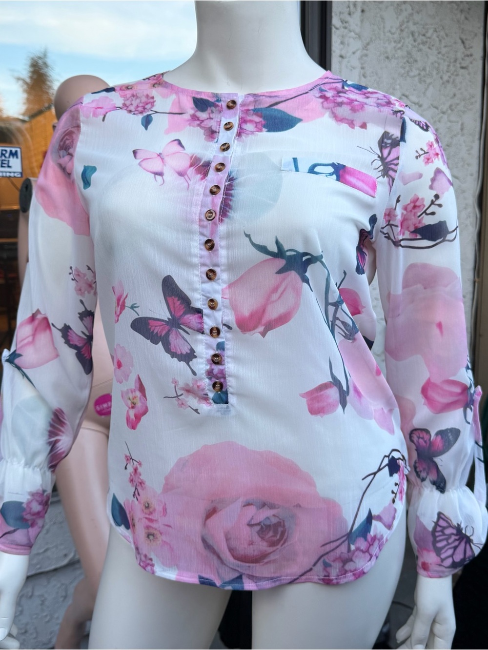 Floral Butterfly Print Blouse Sheer Romanticcore Fairycore Cottagecore Medium